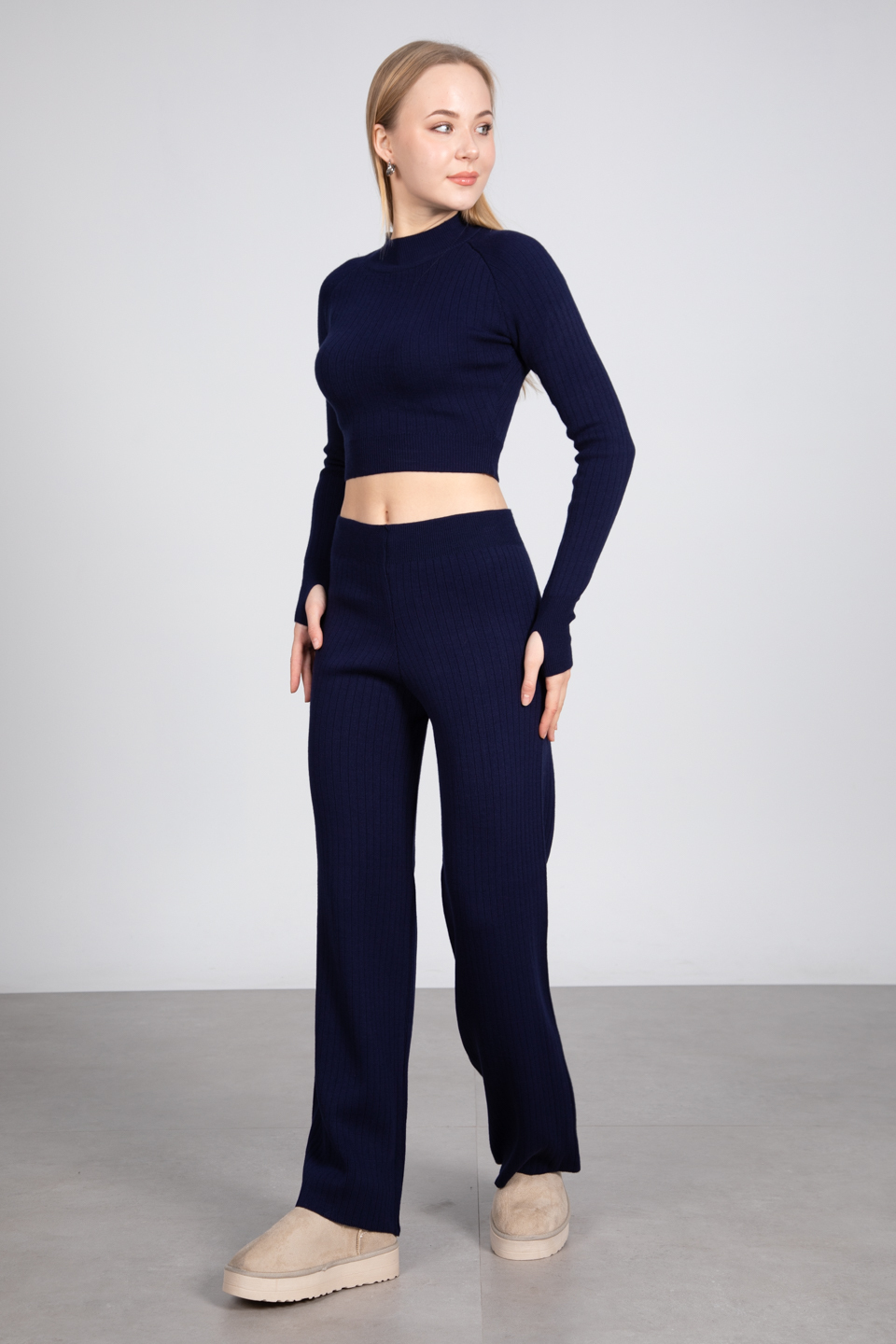 Crop kazak pantolon triko takım-6478 Lacivert