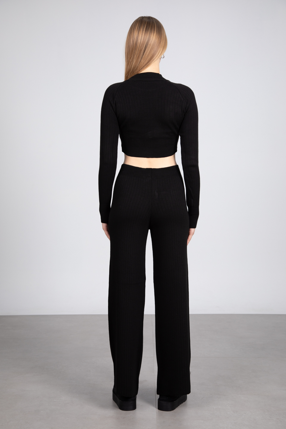 Crop kazak pantolon triko takım-6478 Siyah
