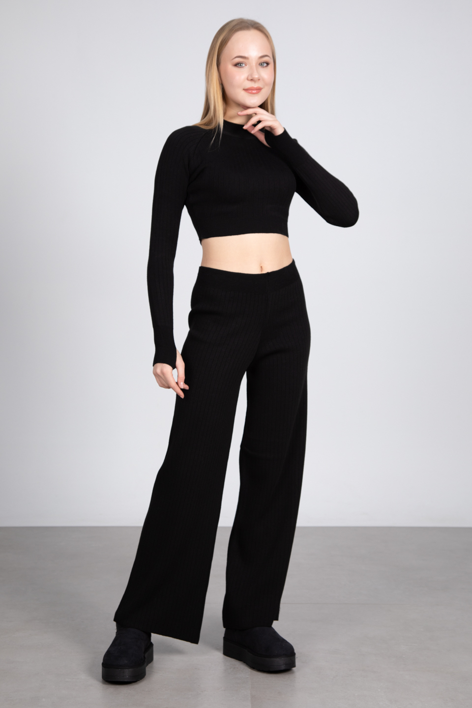 Crop kazak pantolon triko takım-6478 Siyah