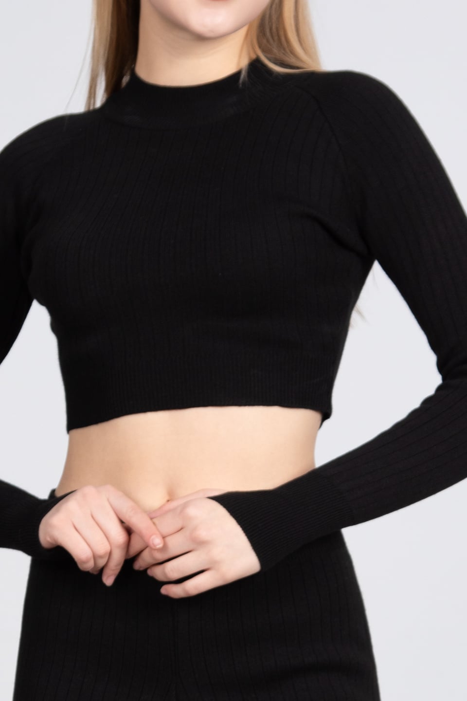 Crop kazak pantolon triko takım-6478 Siyah