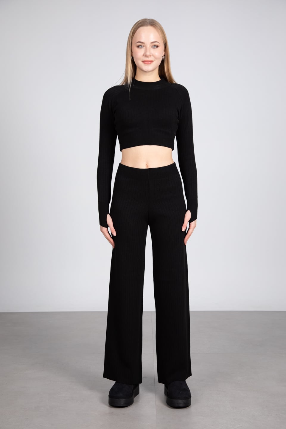 Crop kazak pantolon triko takım-6478 Siyah