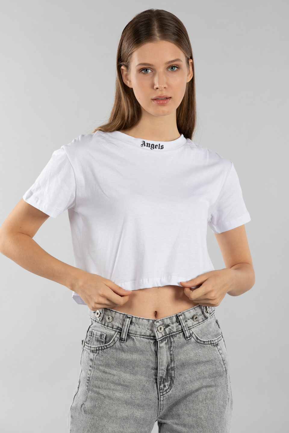 Crop sırtı angels baskılı t-shirt-4036 Beyaz