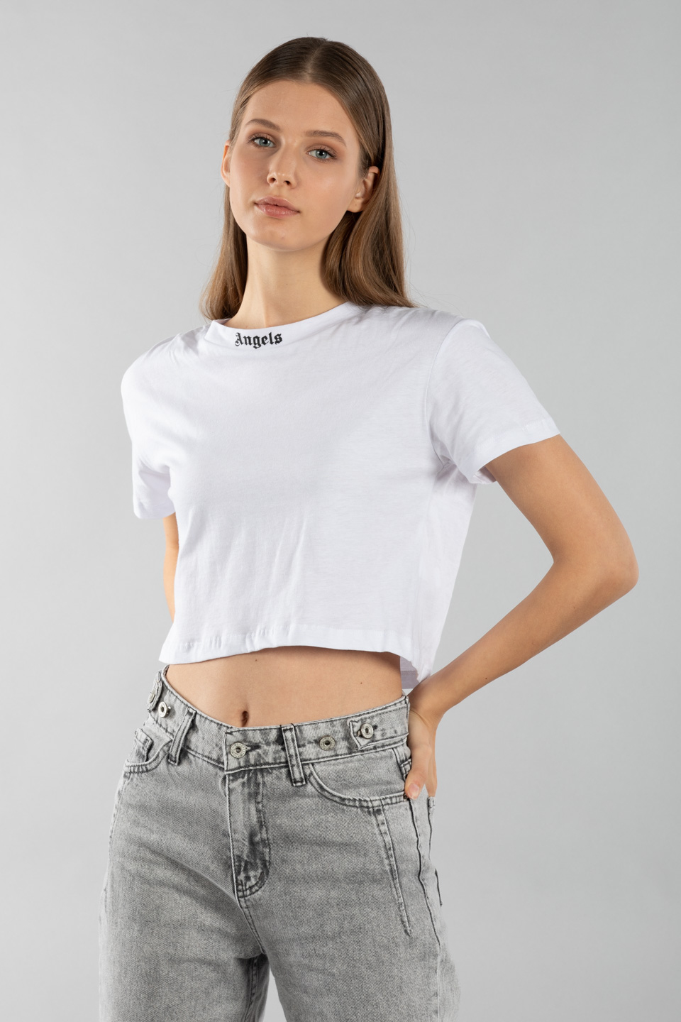 Crop sırtı angels baskılı t-shirt-4036 Beyaz