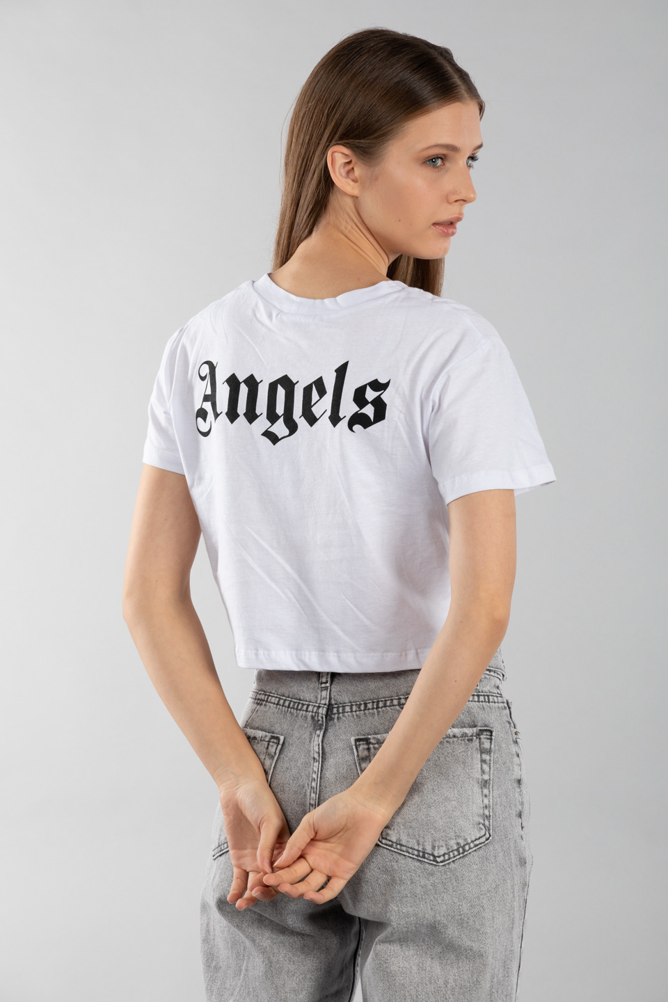 Crop sırtı angels baskılı t-shirt-4036 Beyaz