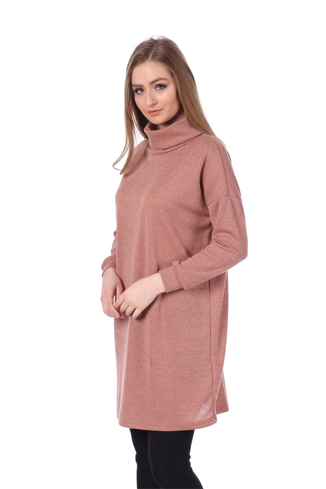Degaje Yaka Triko Tunik-Pudra