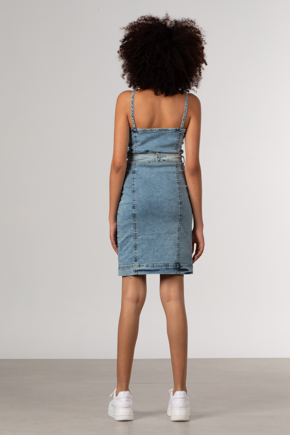 Denim fermuarlı kemerli elbise-7136 Mavi K.Y.