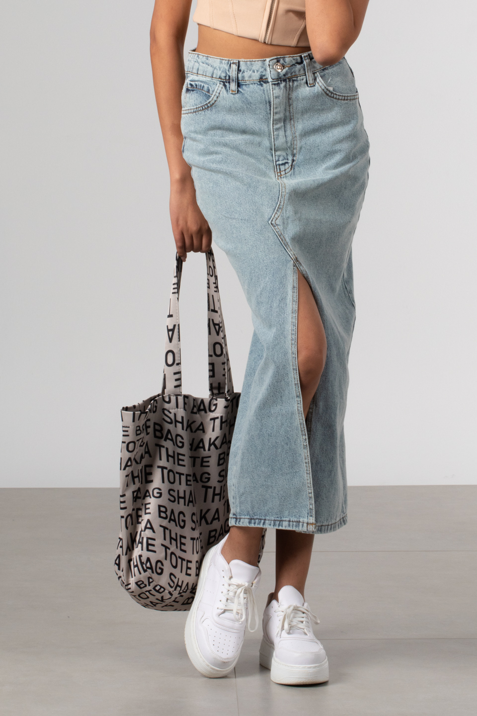 Denim önü yırtmaçlı etek-6129 Mavi K.Y.