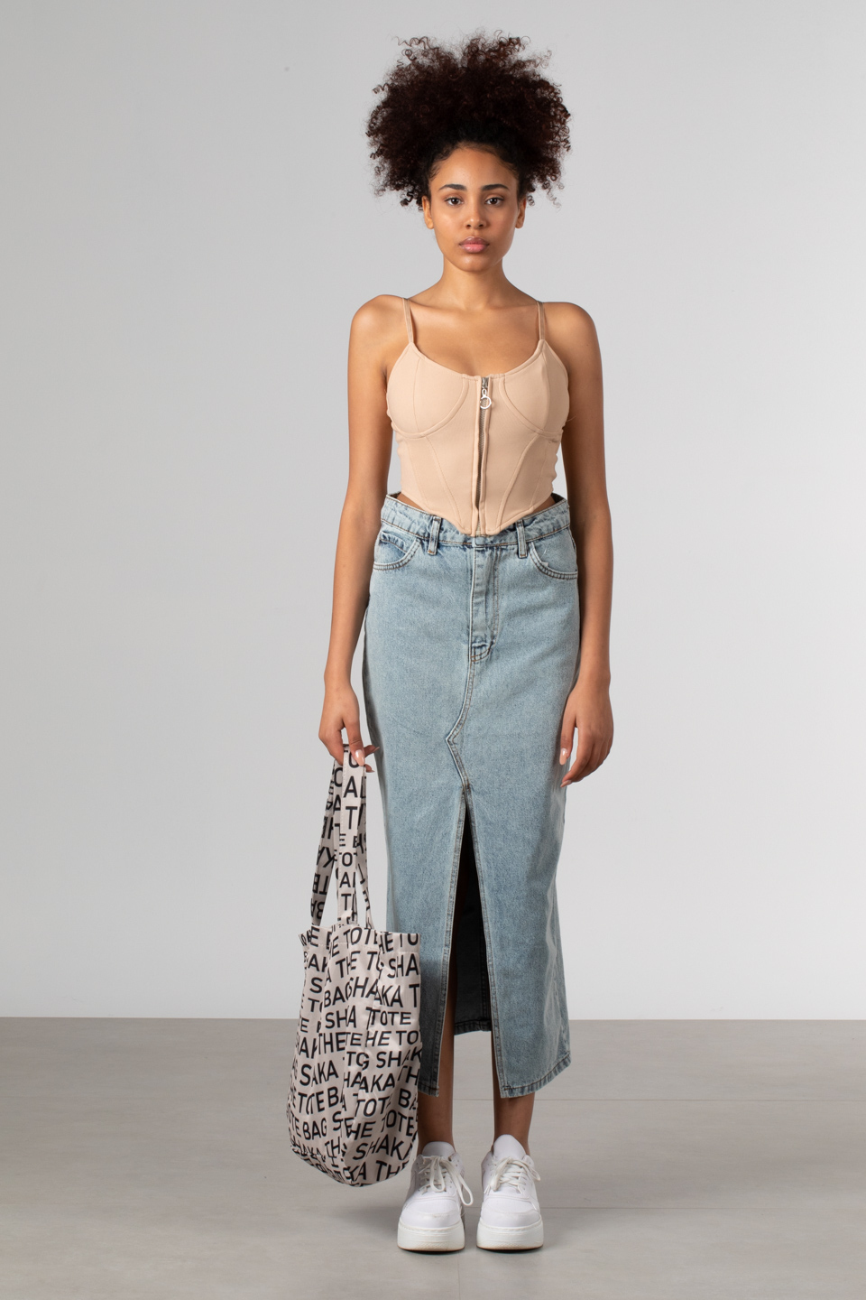 Denim önü yırtmaçlı etek-6129 Mavi K.Y.