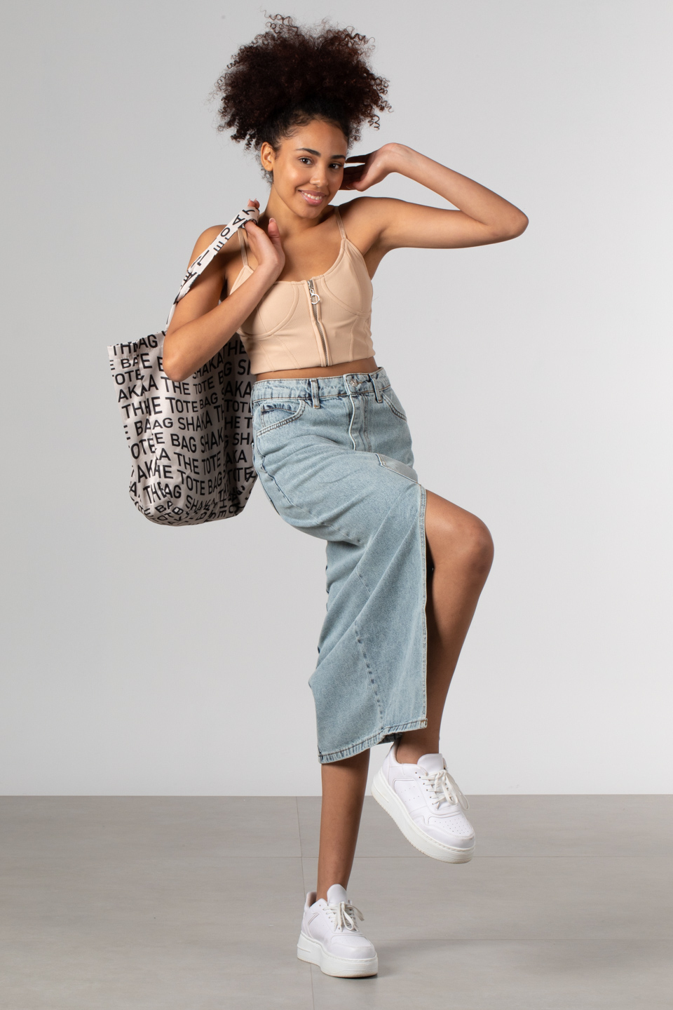 Denim önü yırtmaçlı etek-6129 Mavi K.Y.