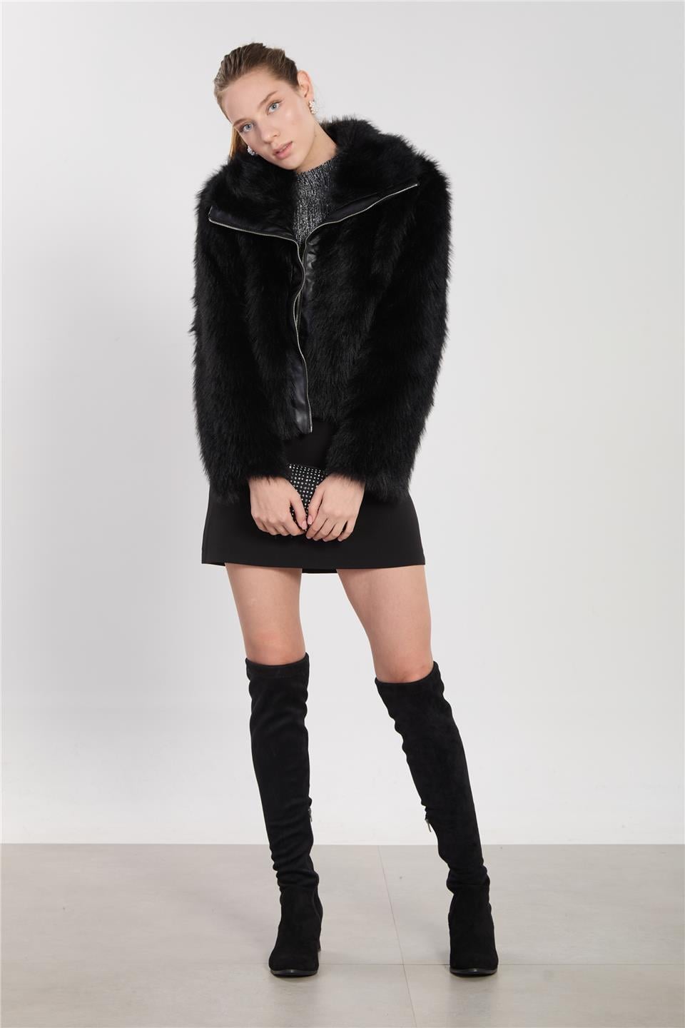 Deri detaylı peluş mont-2709 Siyah