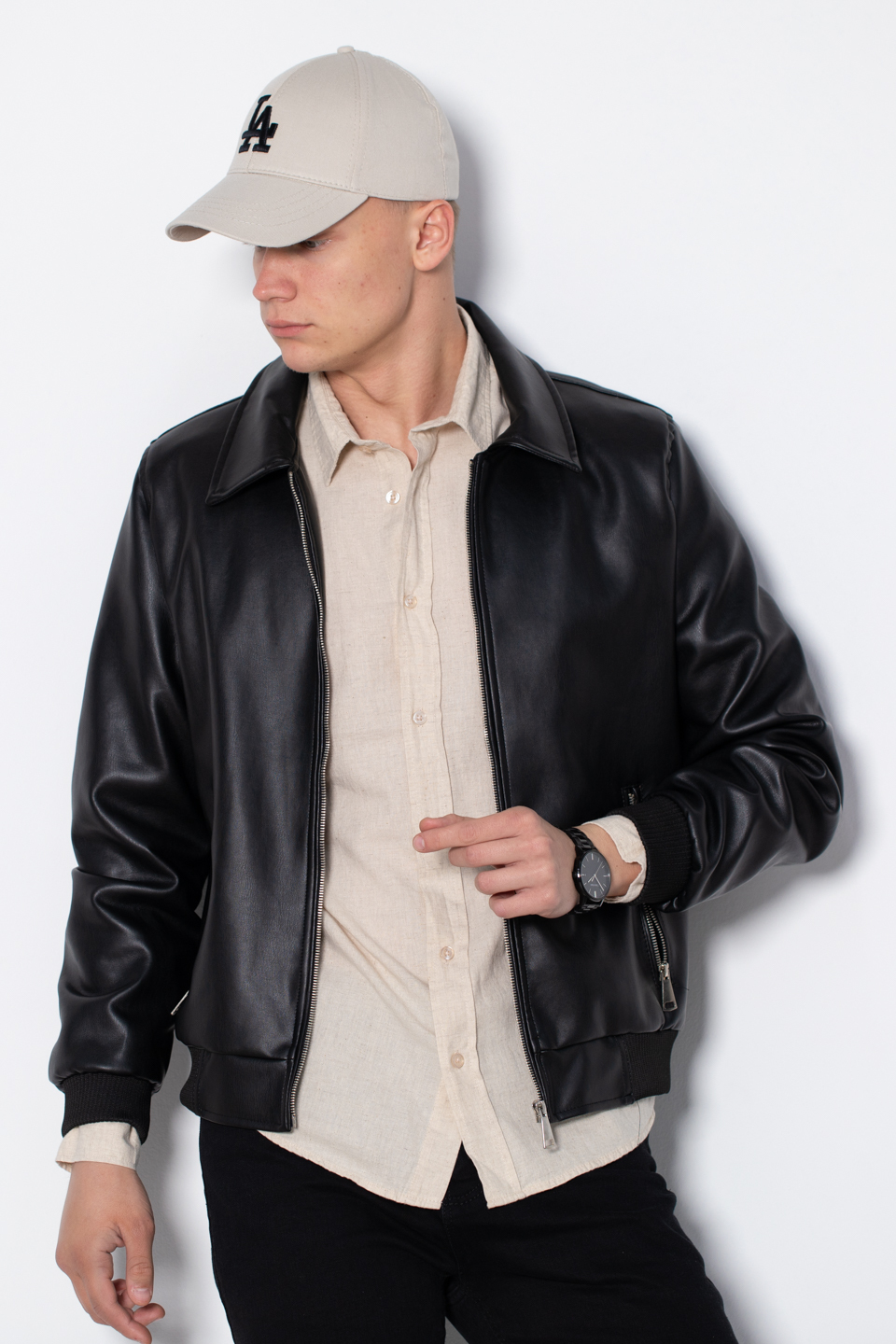 Deri görünümlü ceket-765 Siyah