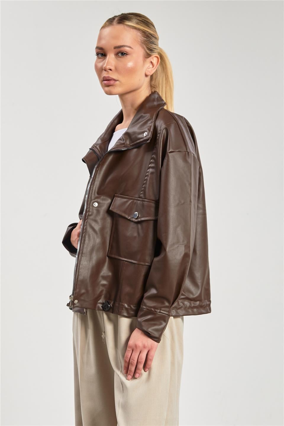 Deri görünümlü çift cep ceket-2142 Kahve