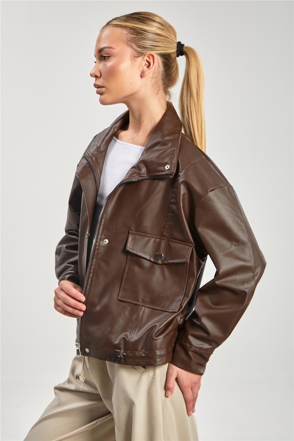 Deri görünümlü çift cep ceket-2142 Kahve