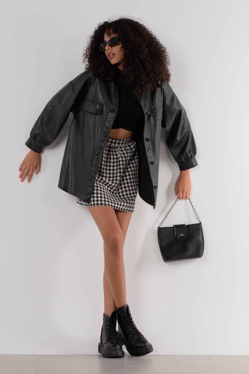 Deri görünümlü gömlek-6249 Siyah