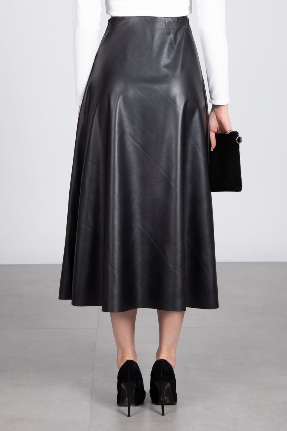 Deri görünümlü uzun etek-3084 Siyah