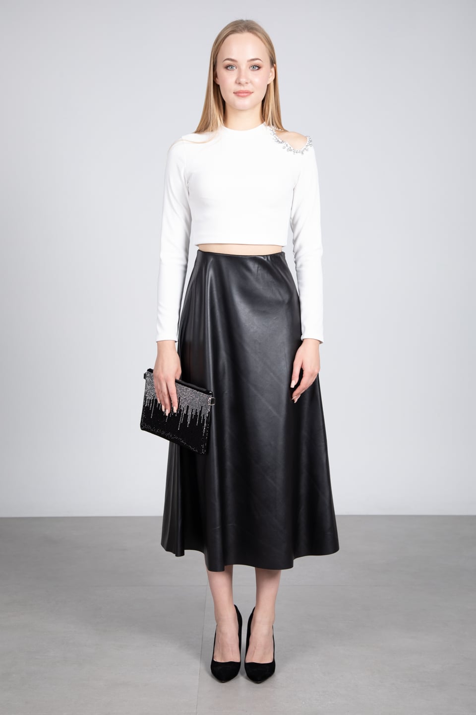 Deri görünümlü uzun etek-3084 Siyah