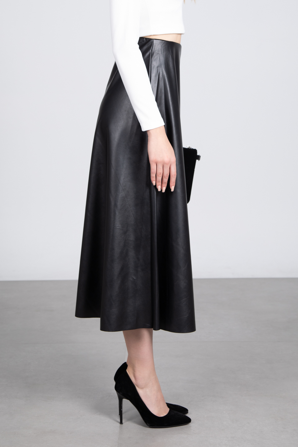 Deri görünümlü uzun etek-3084 Siyah