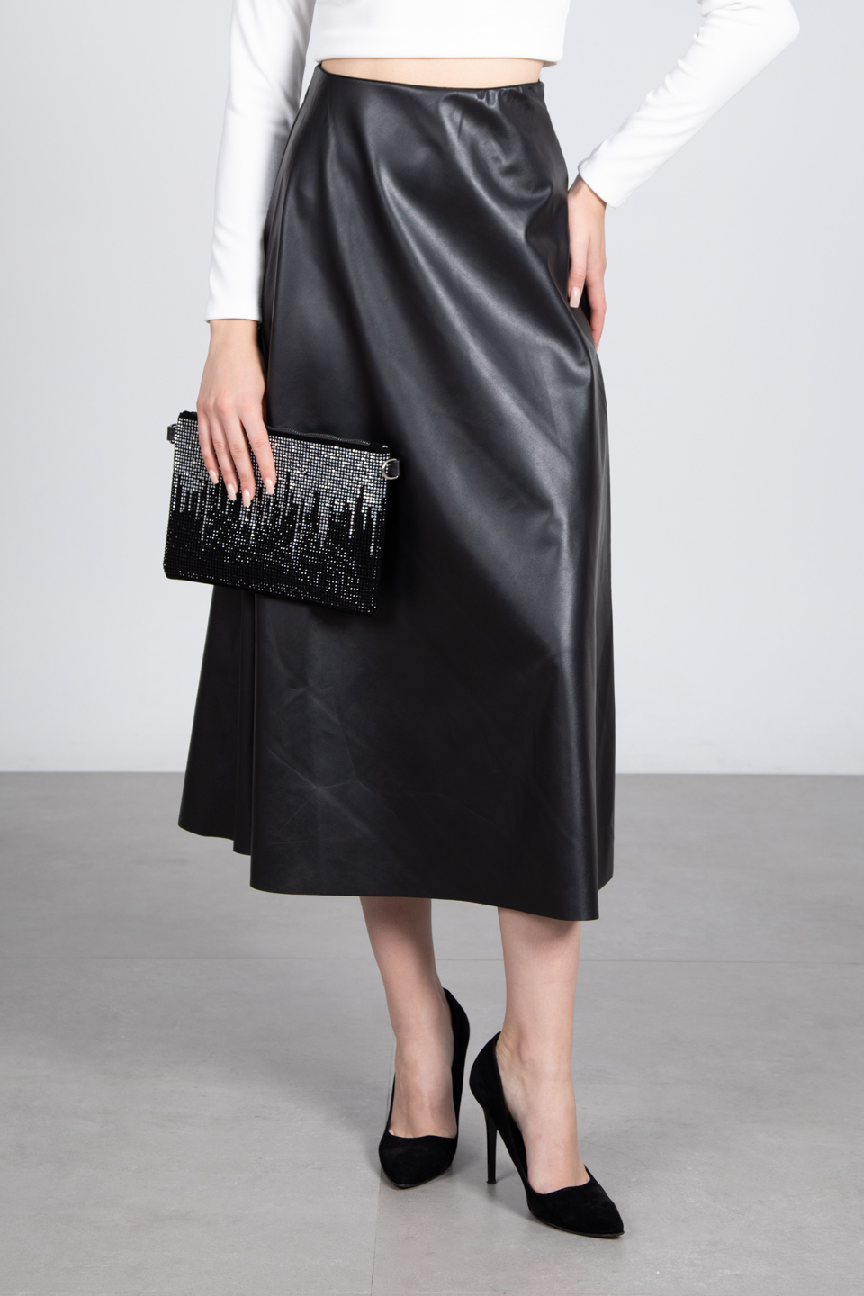 Deri görünümlü uzun etek-3084 Siyah