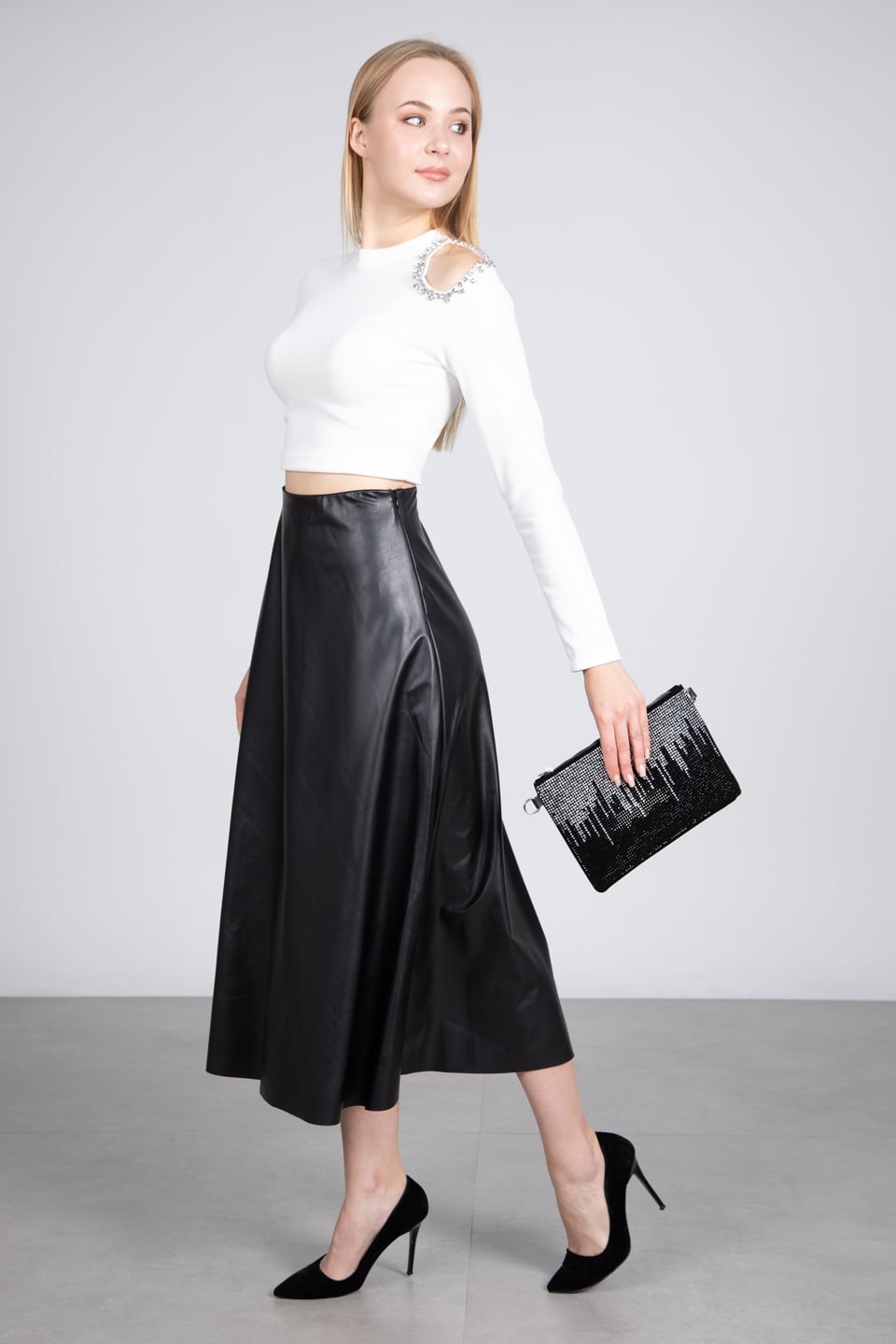 Deri görünümlü uzun etek-3084 Siyah