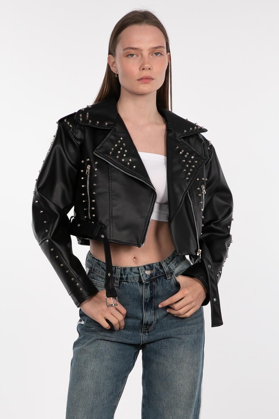 Deri görününlü droplu ceket-2276 Siyah