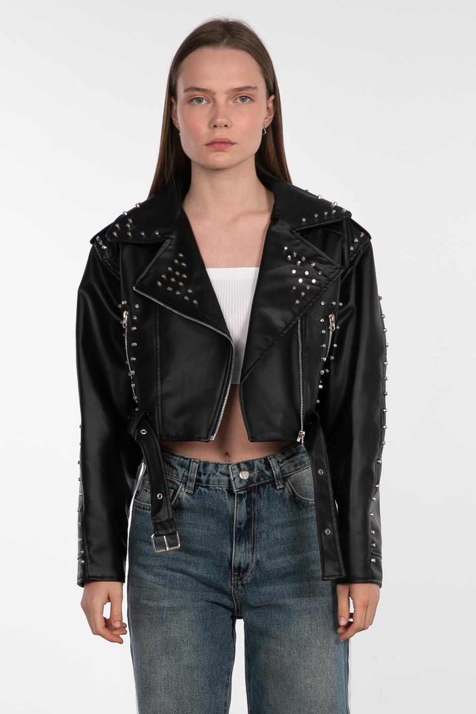 Deri görününlü droplu ceket-2276 Siyah