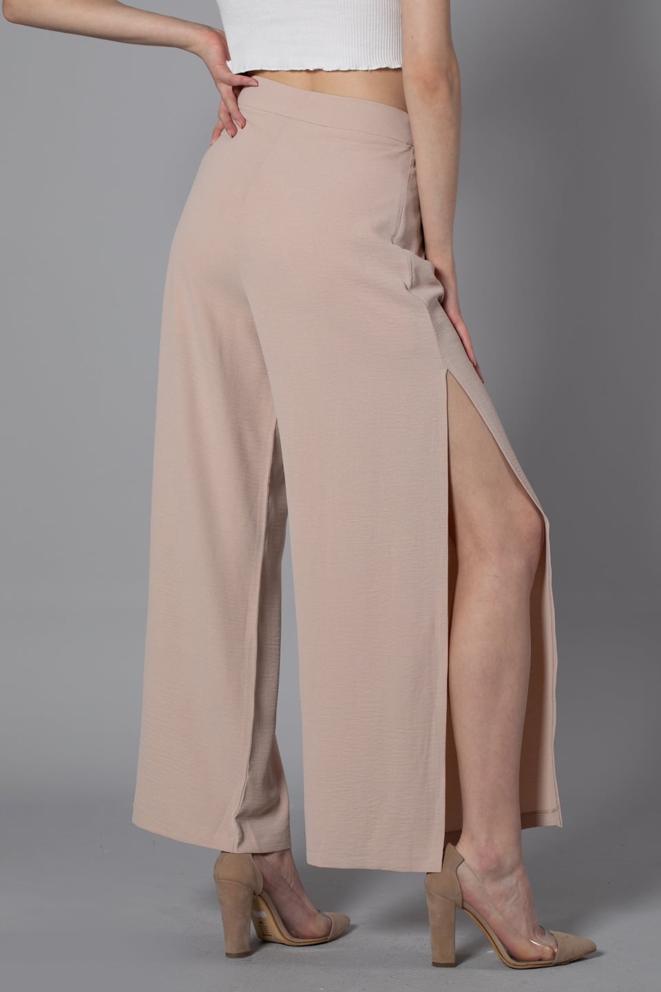 Derin yırtmaçlı pantolon-3632 Taş