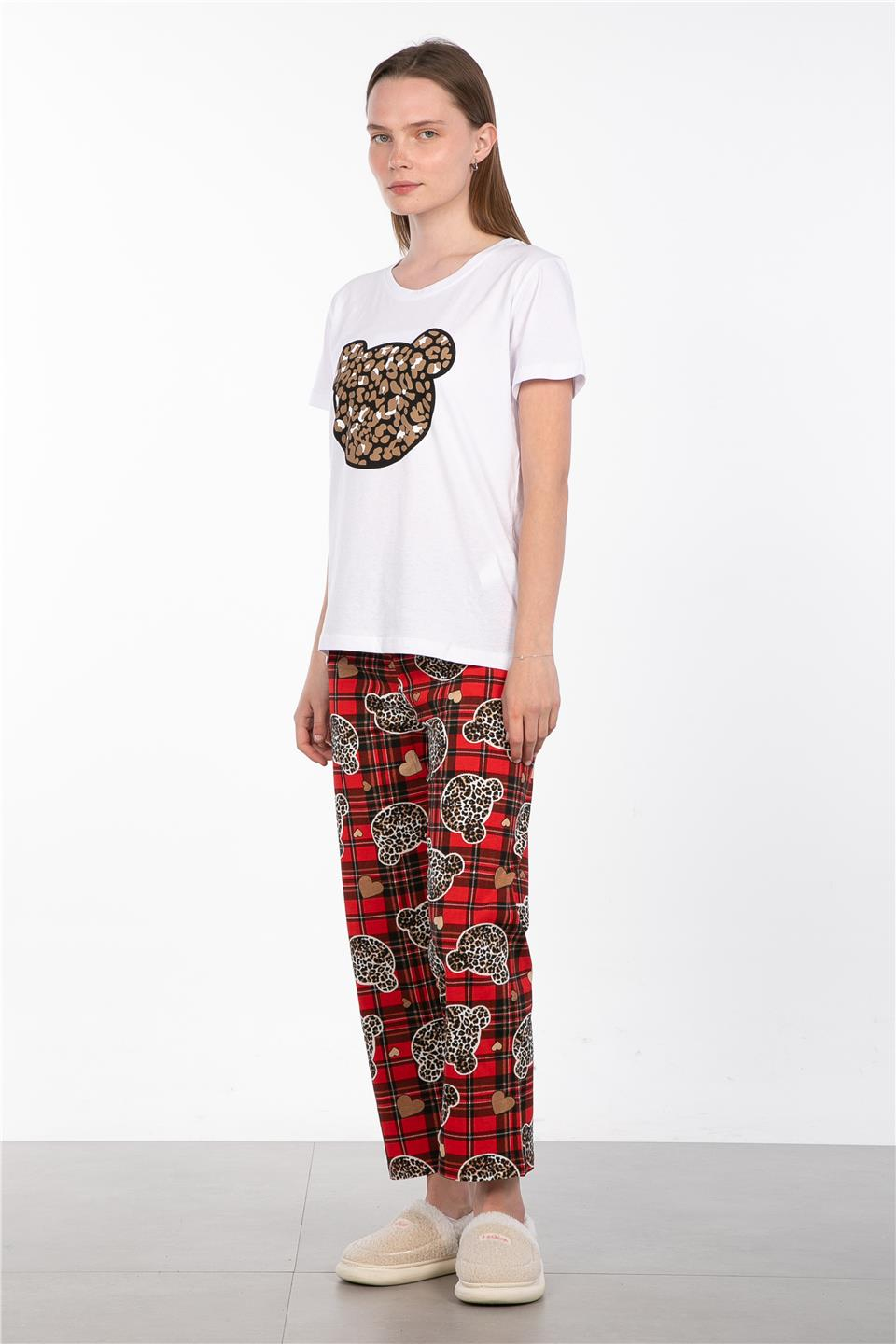 Desenli bisiklet yaka pijama takımı-2042 Leopar Ekose