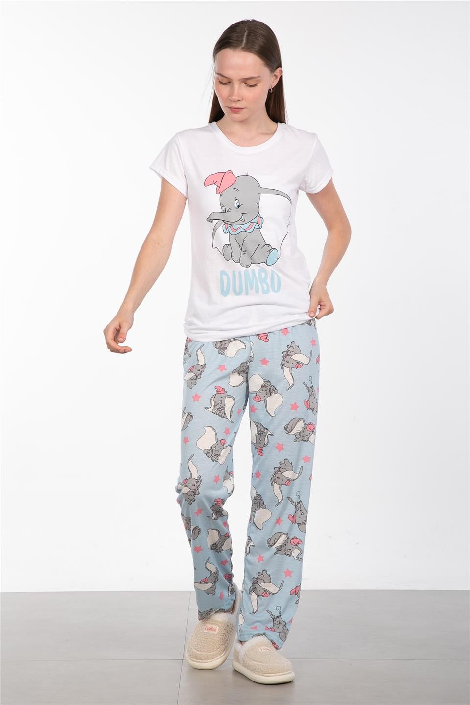 Desenli bisiklet yaka pijama takımı-2042 Gri Fil