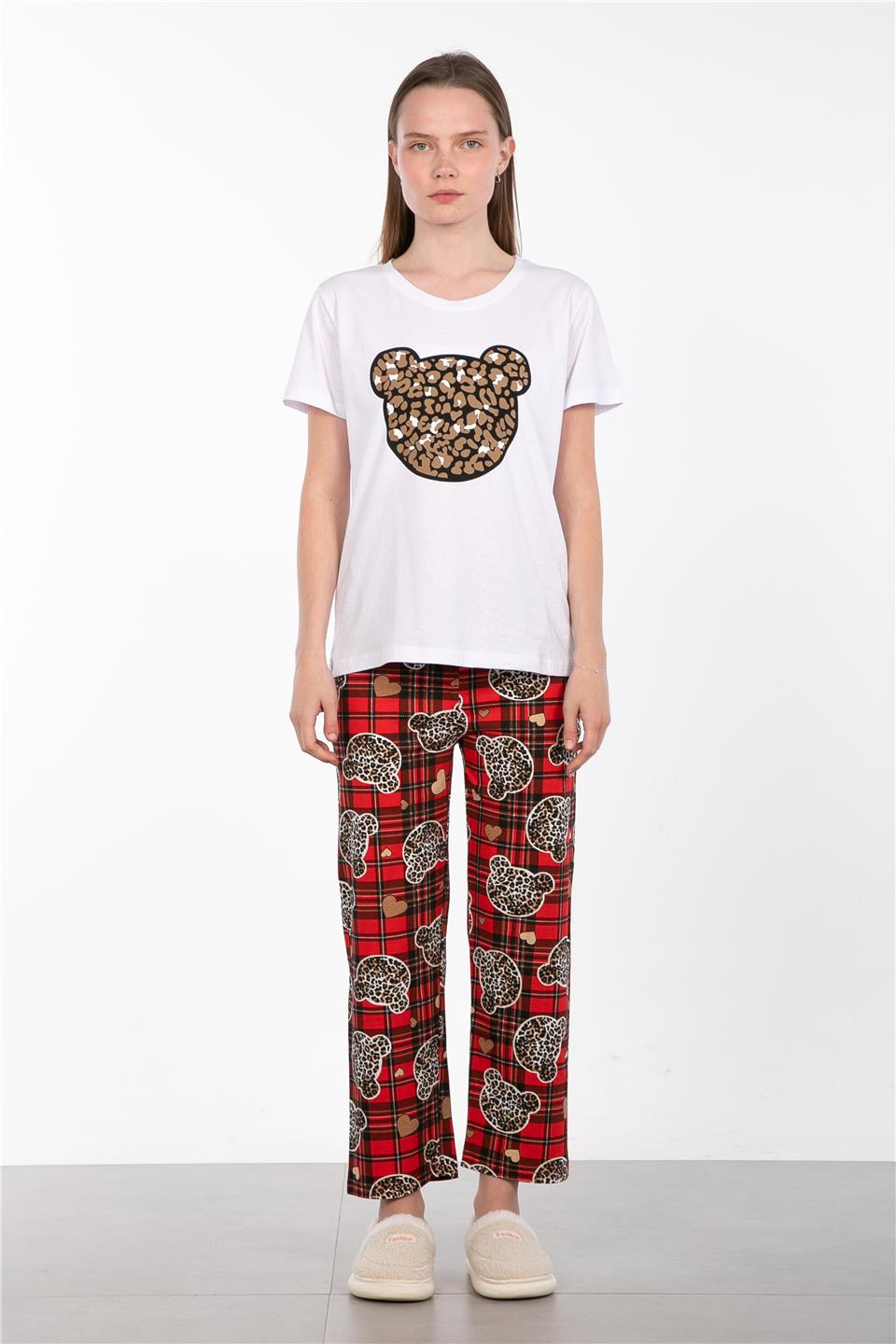 Desenli bisiklet yaka pijama takımı-2042 Leopar Ekose
