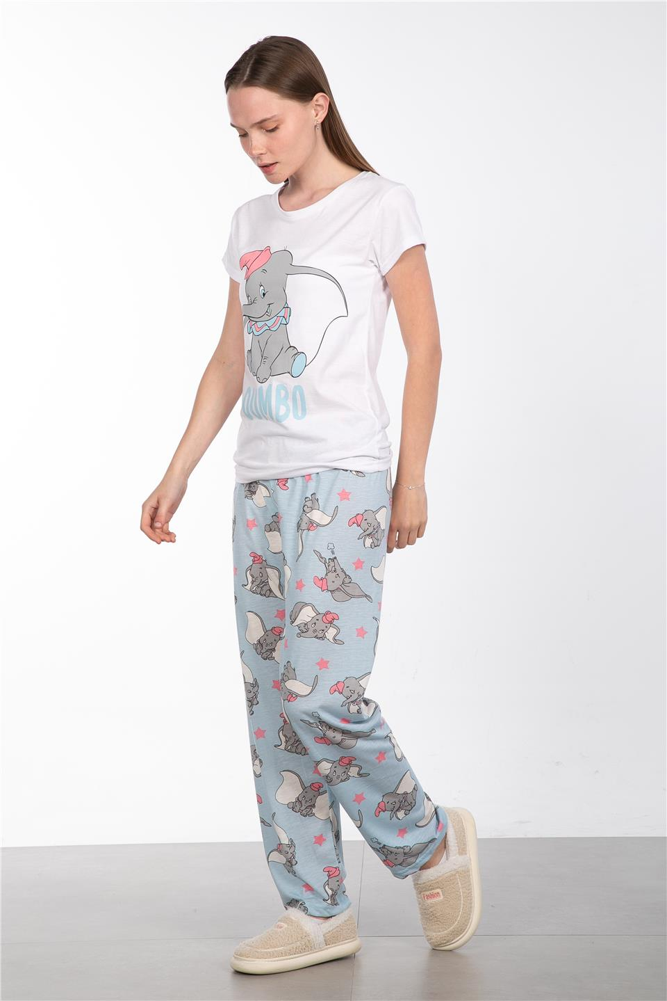 Desenli bisiklet yaka pijama takımı-2042 Gri Fil