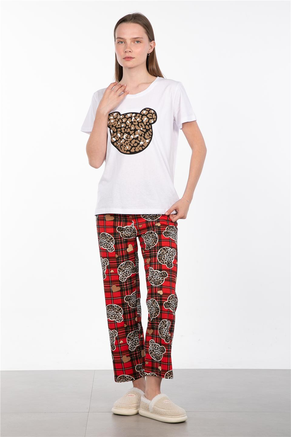 Desenli bisiklet yaka pijama takımı-2042 Leopar Ekose