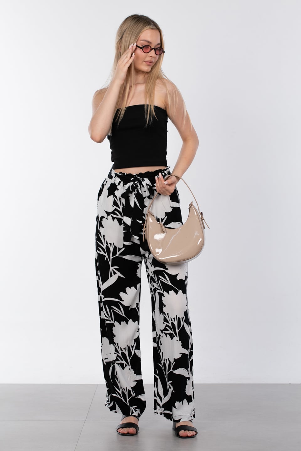 Desenli pantolon-4801 Siyah/Ekru