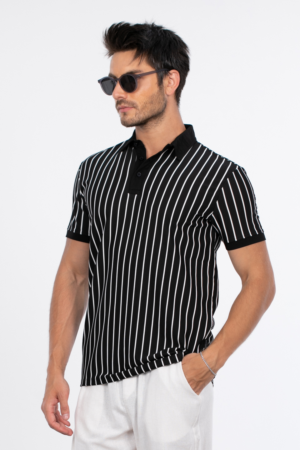 Dik çizgili polo yaka t-shirt-9081 Siyah/Beyaz