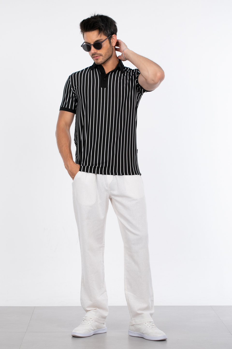 Dik çizgili polo yaka t-shirt-9081 Siyah/Beyaz