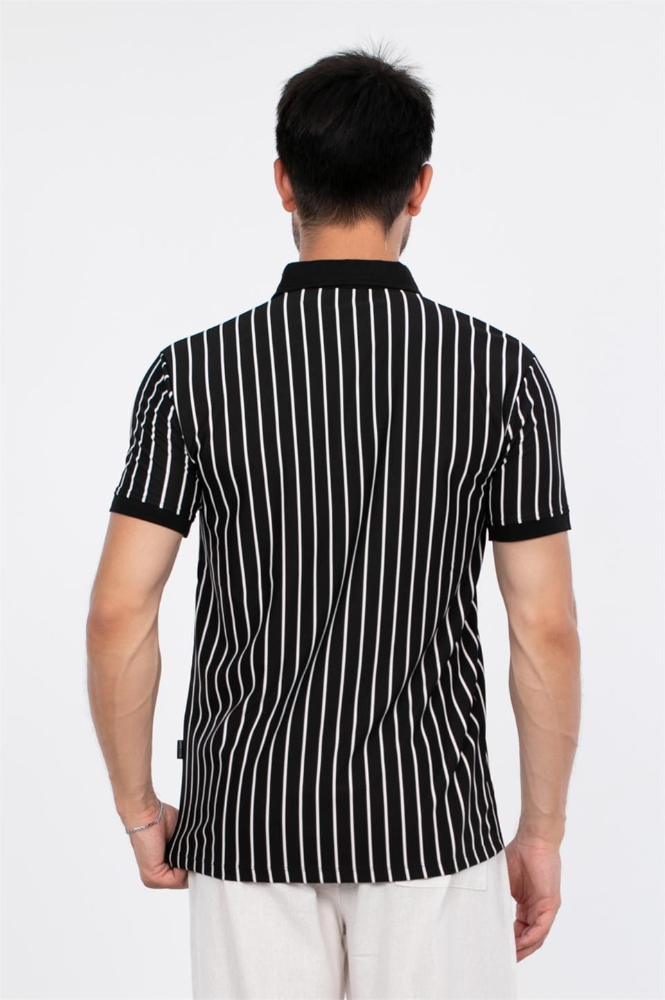 Dik çizgili polo yaka t-shirt-9081 Siyah/Beyaz