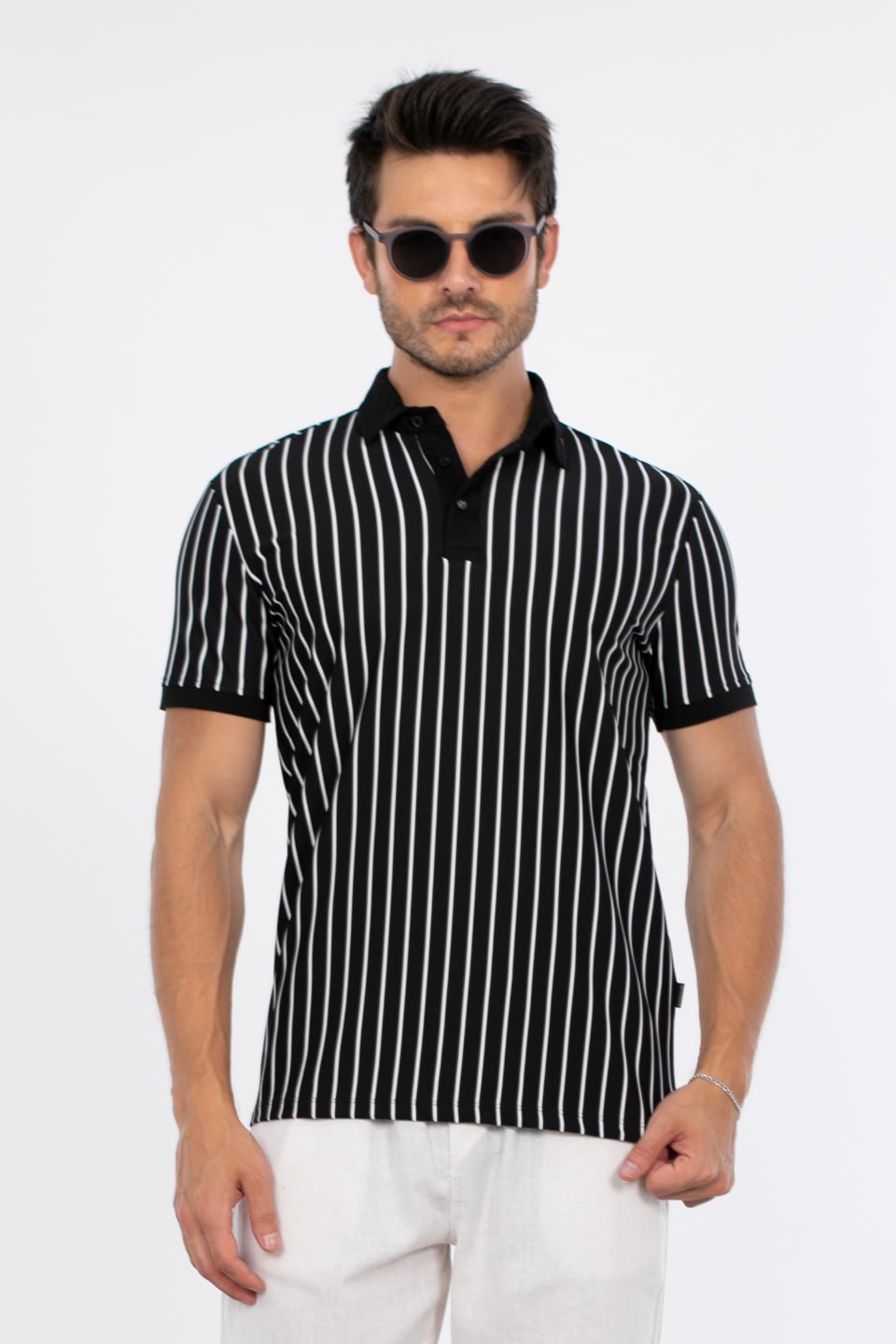 Dik çizgili polo yaka t-shirt-9081 Siyah/Beyaz