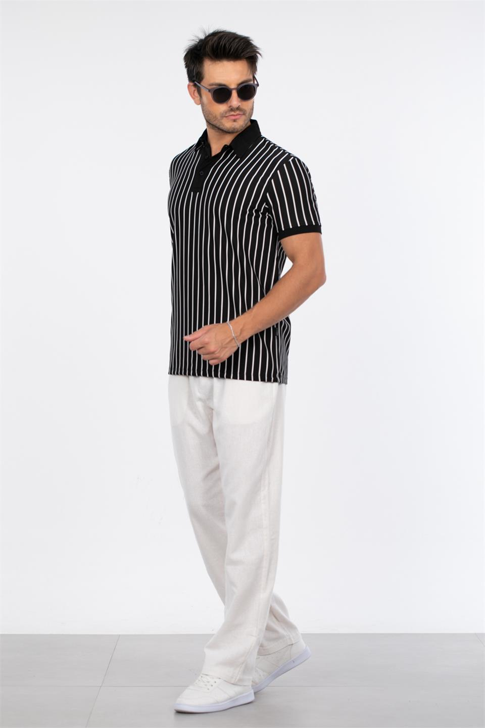 Dik çizgili polo yaka t-shirt-9081 Siyah/Beyaz