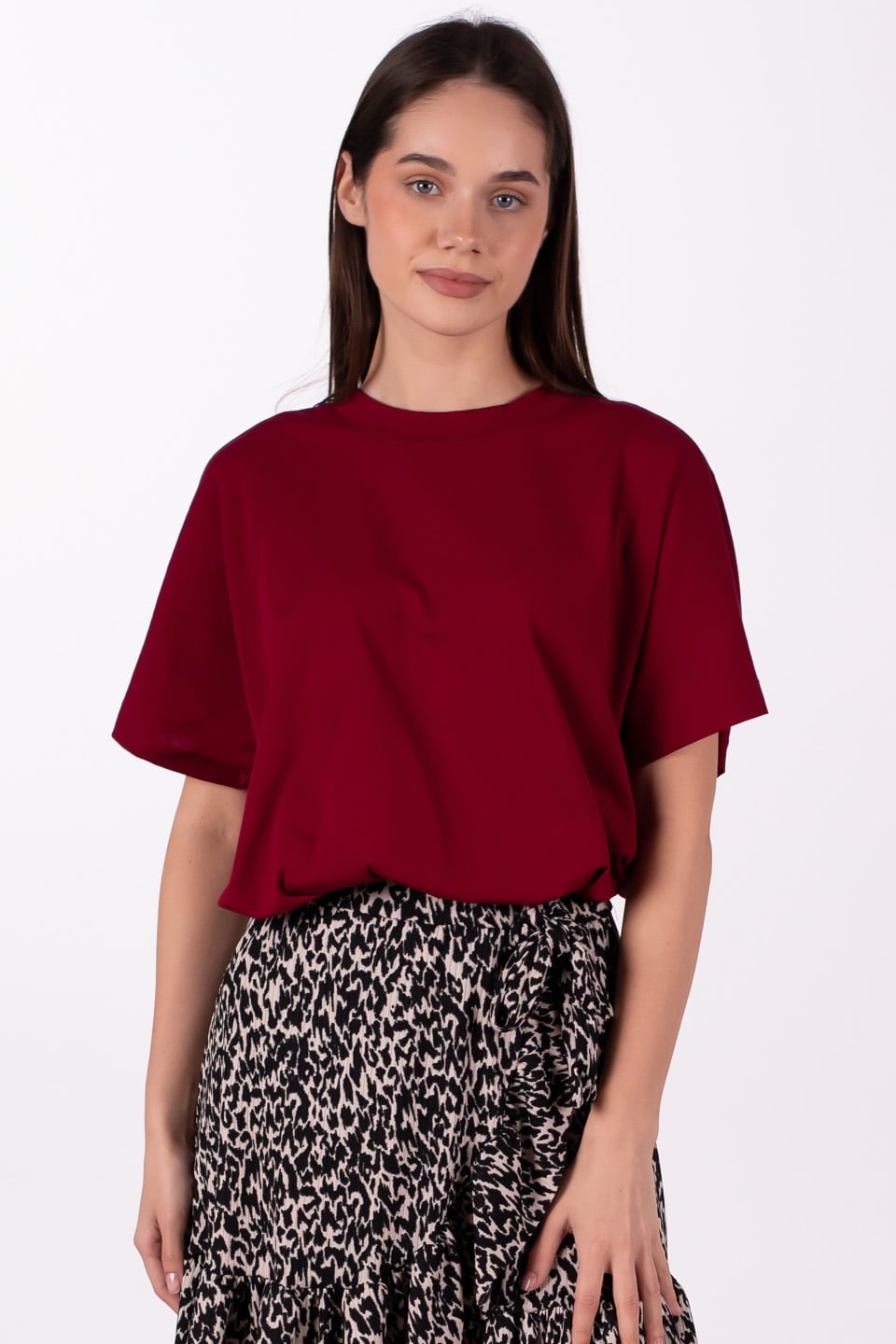 Dik yaka düşük kol oversize t-shirt-4489 Bordo