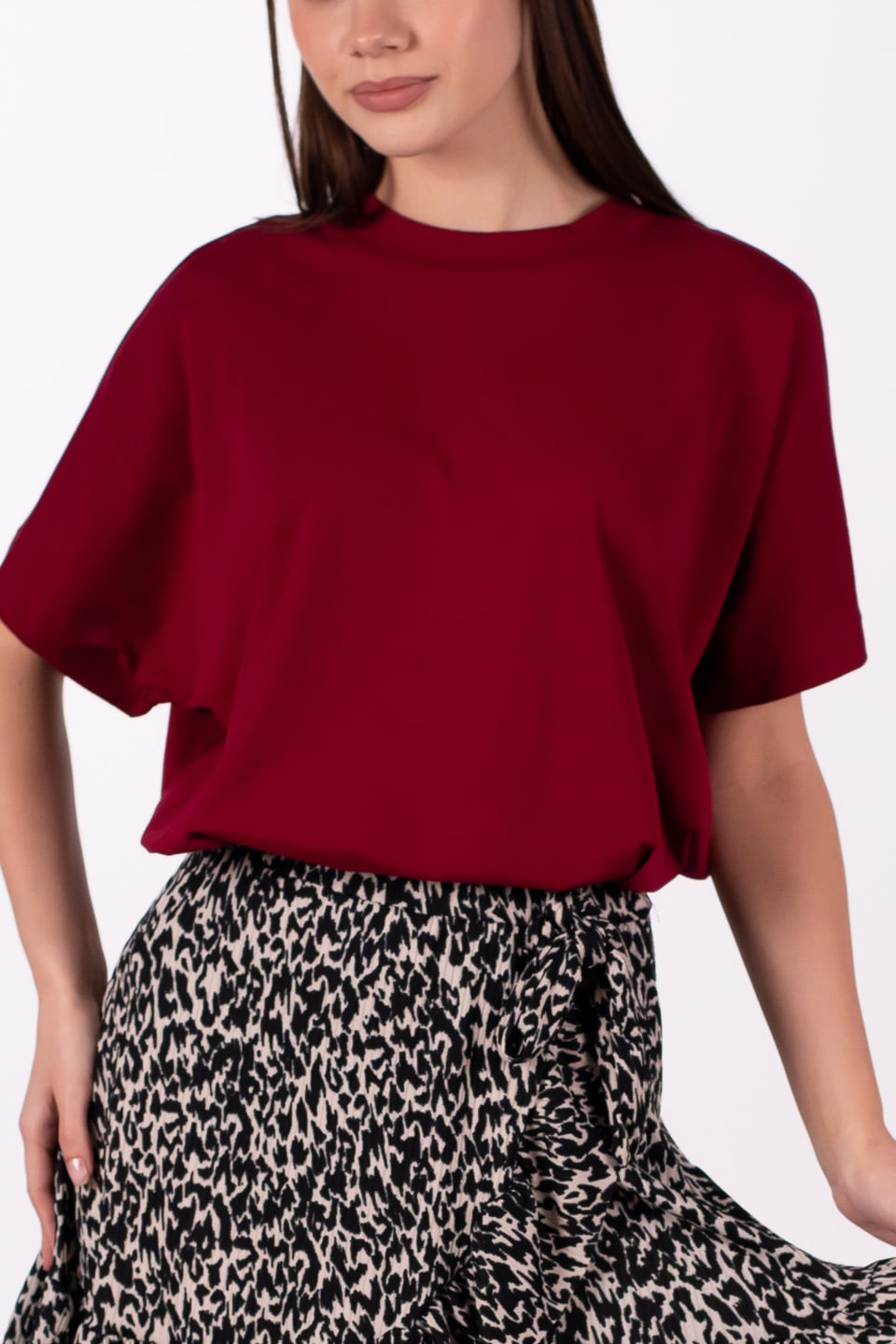 Dik yaka düşük kol oversize t-shirt-4489 Bordo