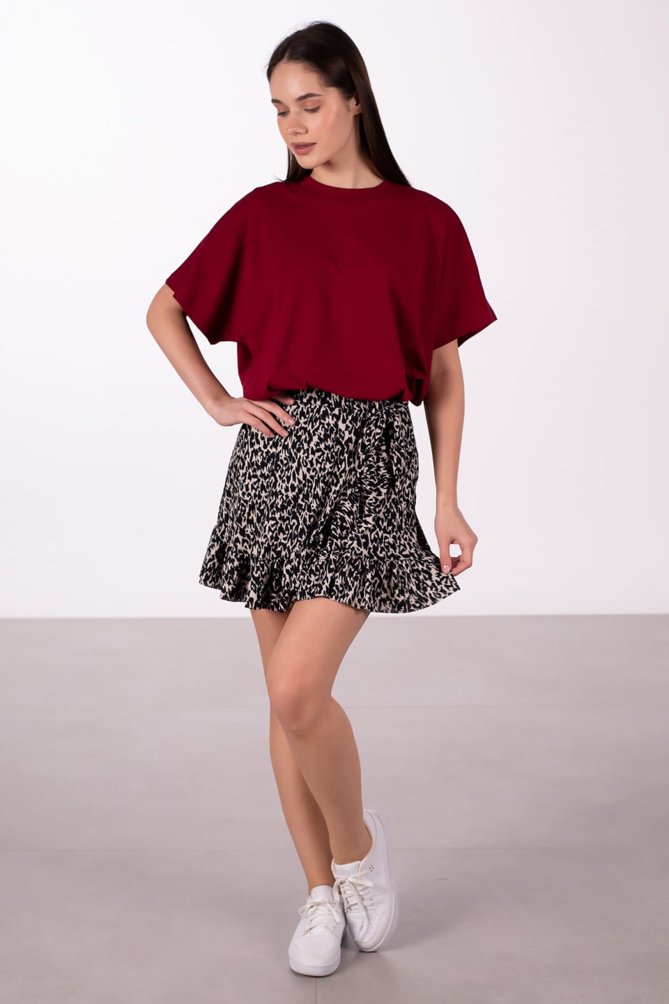 Dik yaka düşük kol oversize t-shirt-4489 Bordo