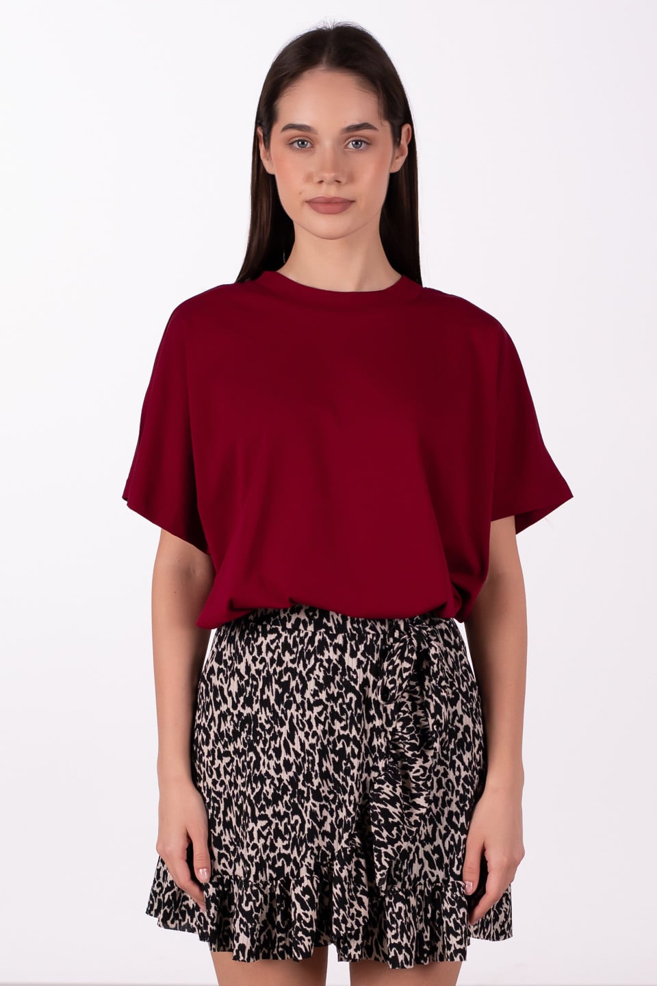 Dik yaka düşük kol oversize t-shirt-4489 Bordo