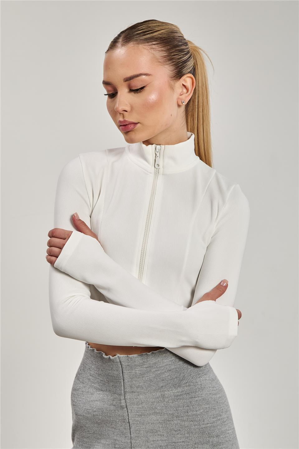 Dik yaka fermuarlı body-1776 Beyaz