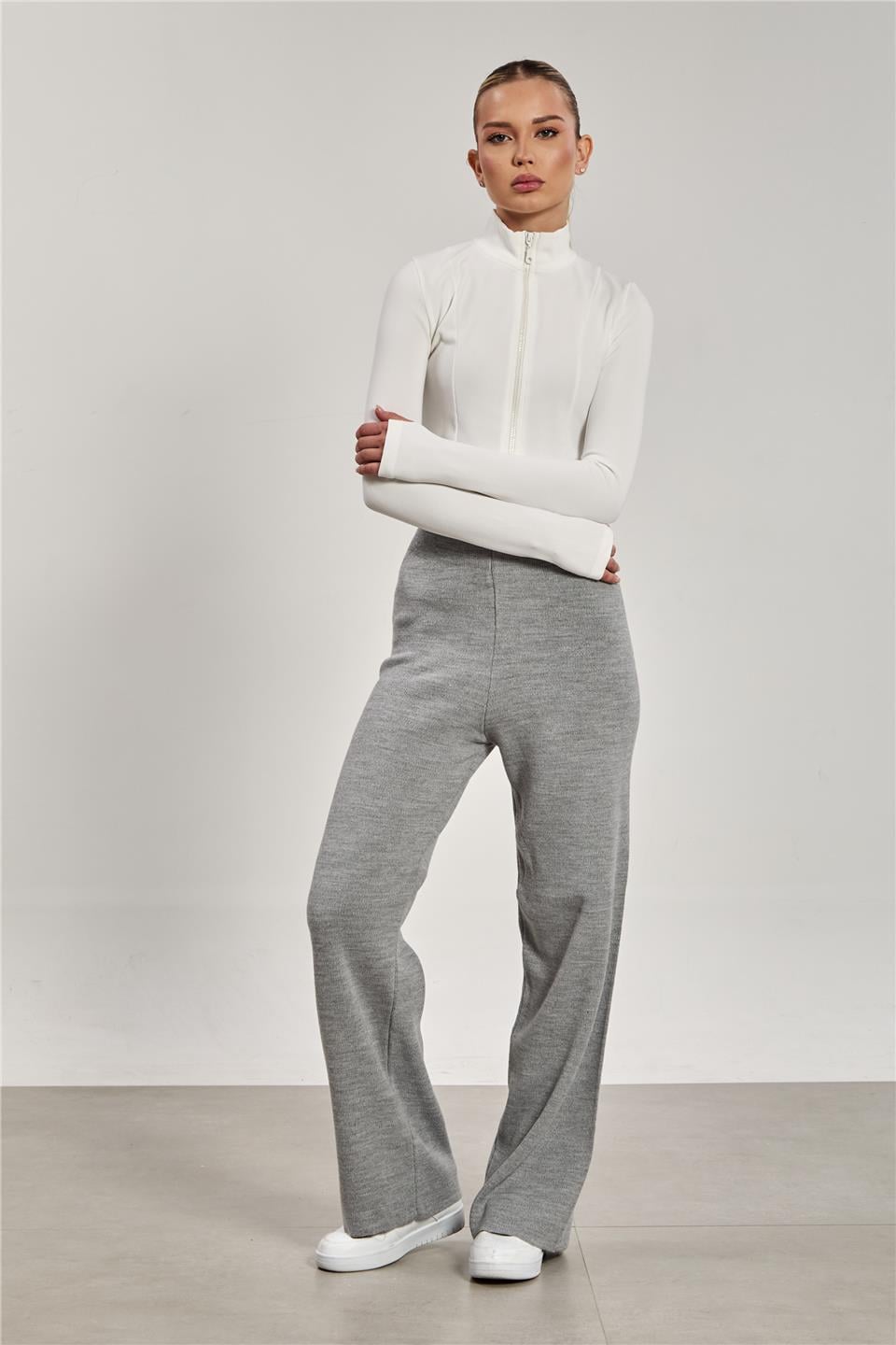 Dik yaka fermuarlı body-1776 Beyaz