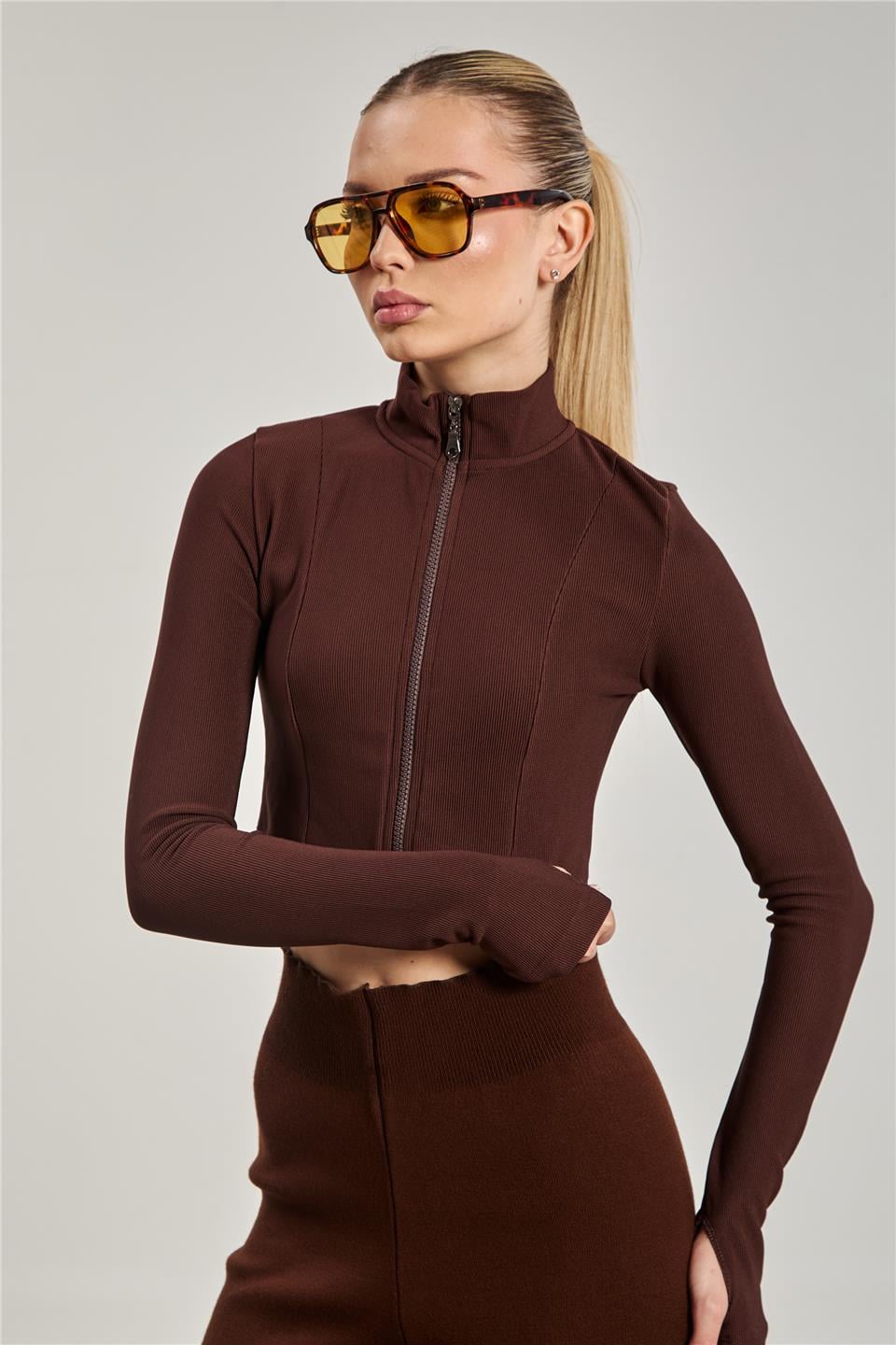 Dik yaka fermuarlı body-1776 Kahve