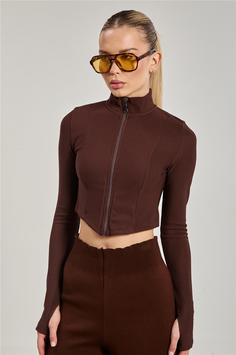 Dik yaka fermuarlı body-1776 Kahve