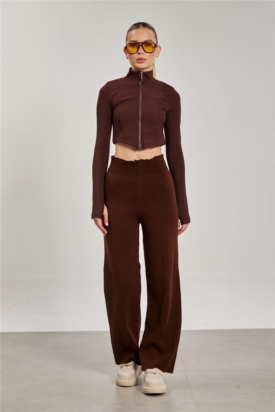 Dik yaka fermuarlı body-1776 Kahve