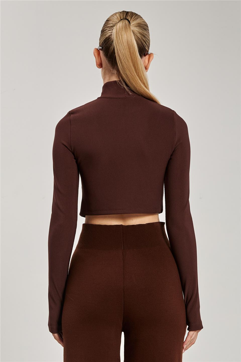 Dik yaka fermuarlı body-1776 Kahve