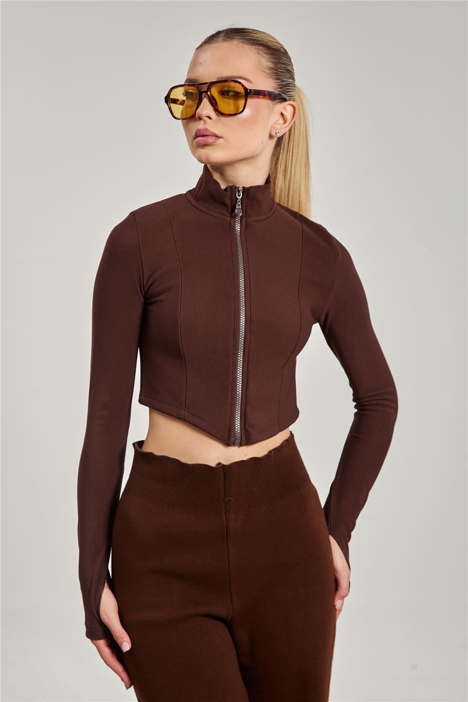 Dik yaka fermuarlı body-1776 Kahve