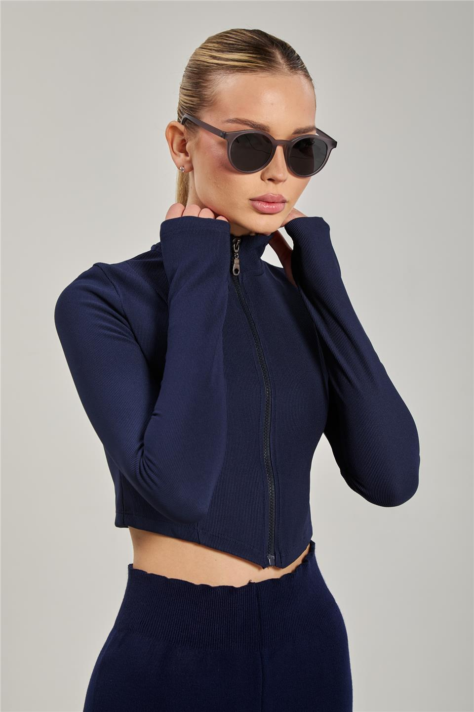 Dik yaka fermuarlı body-1776 Lacivert