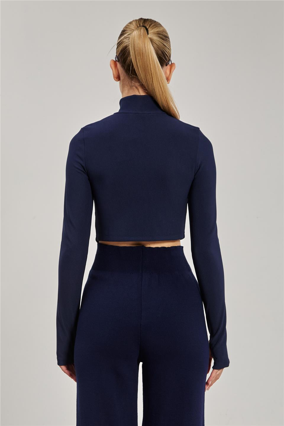 Dik yaka fermuarlı body-1776 Lacivert